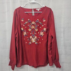 Ophelia Roe Blouse Red Peasant Boho Embroidered Cottage Checked 2X